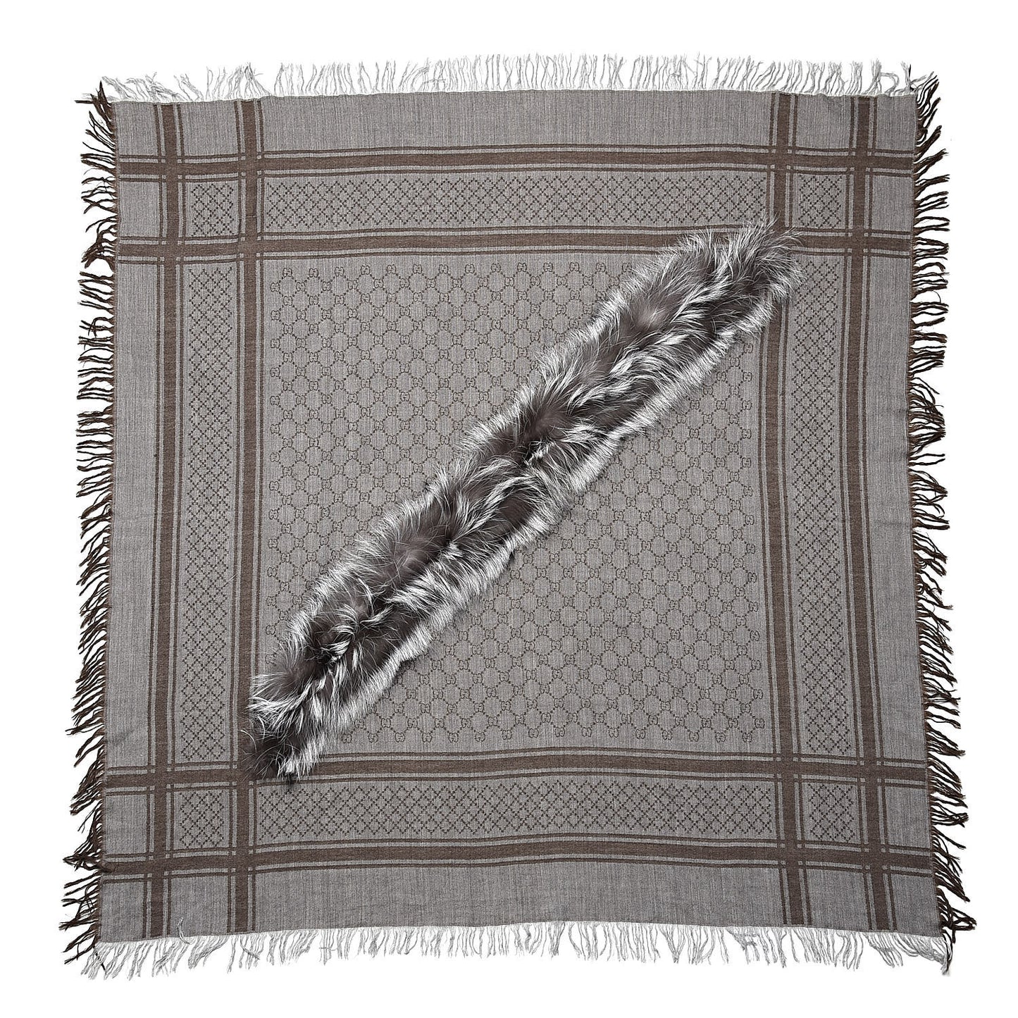 Wool Silk Fox Fur Monogram Shawl Scarf Brown
