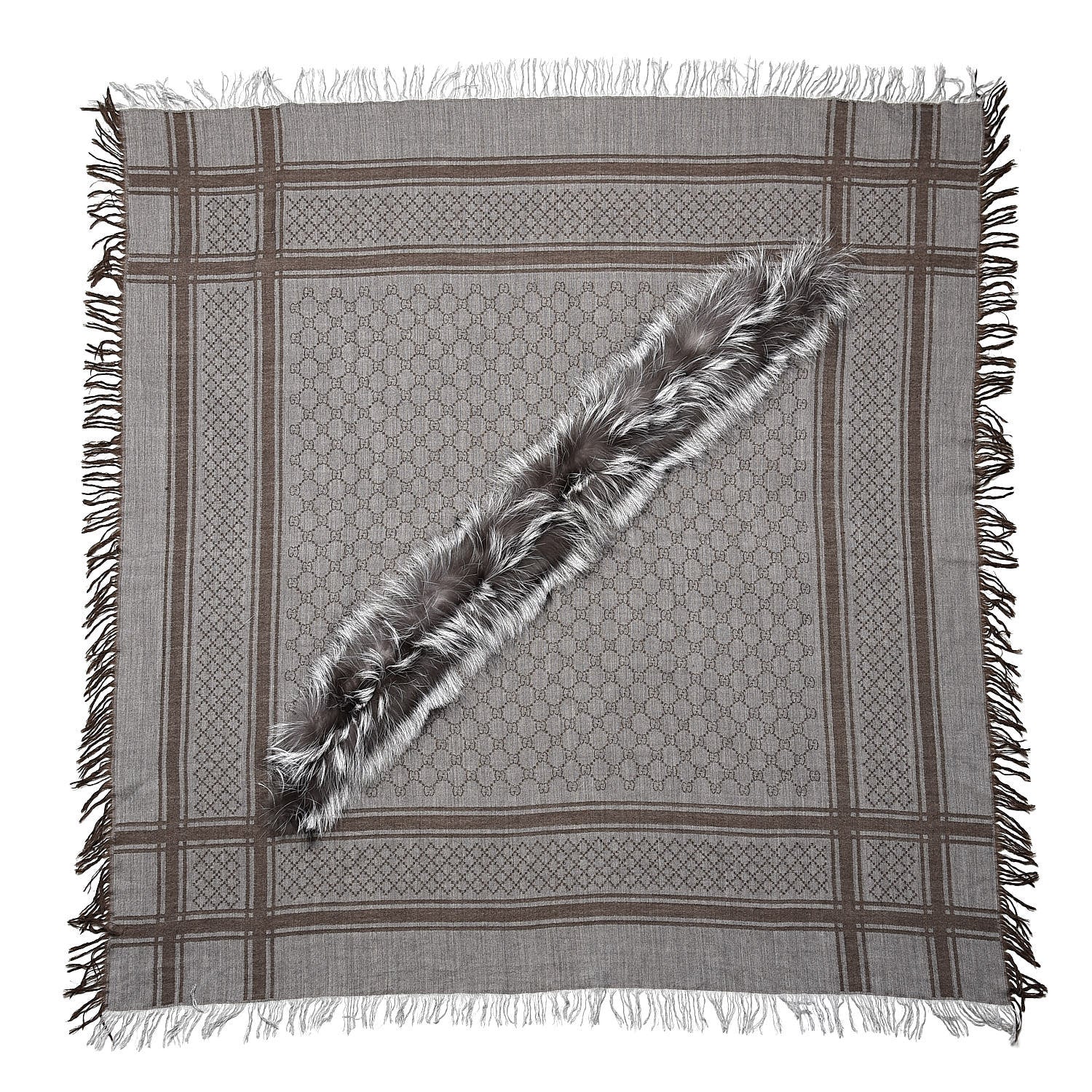 Gucci Wool Silk Fox Fur Monogram Shawl Scarf Brown 3 of 5