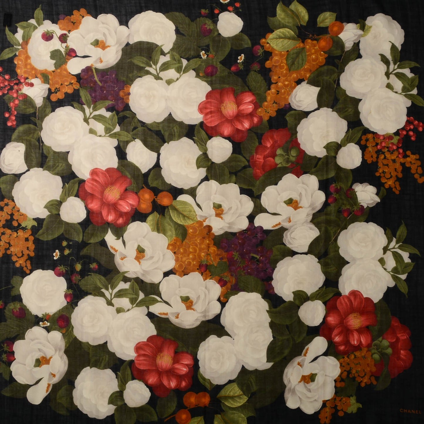 Silk Cashmere Camellia Flower Scarf Black