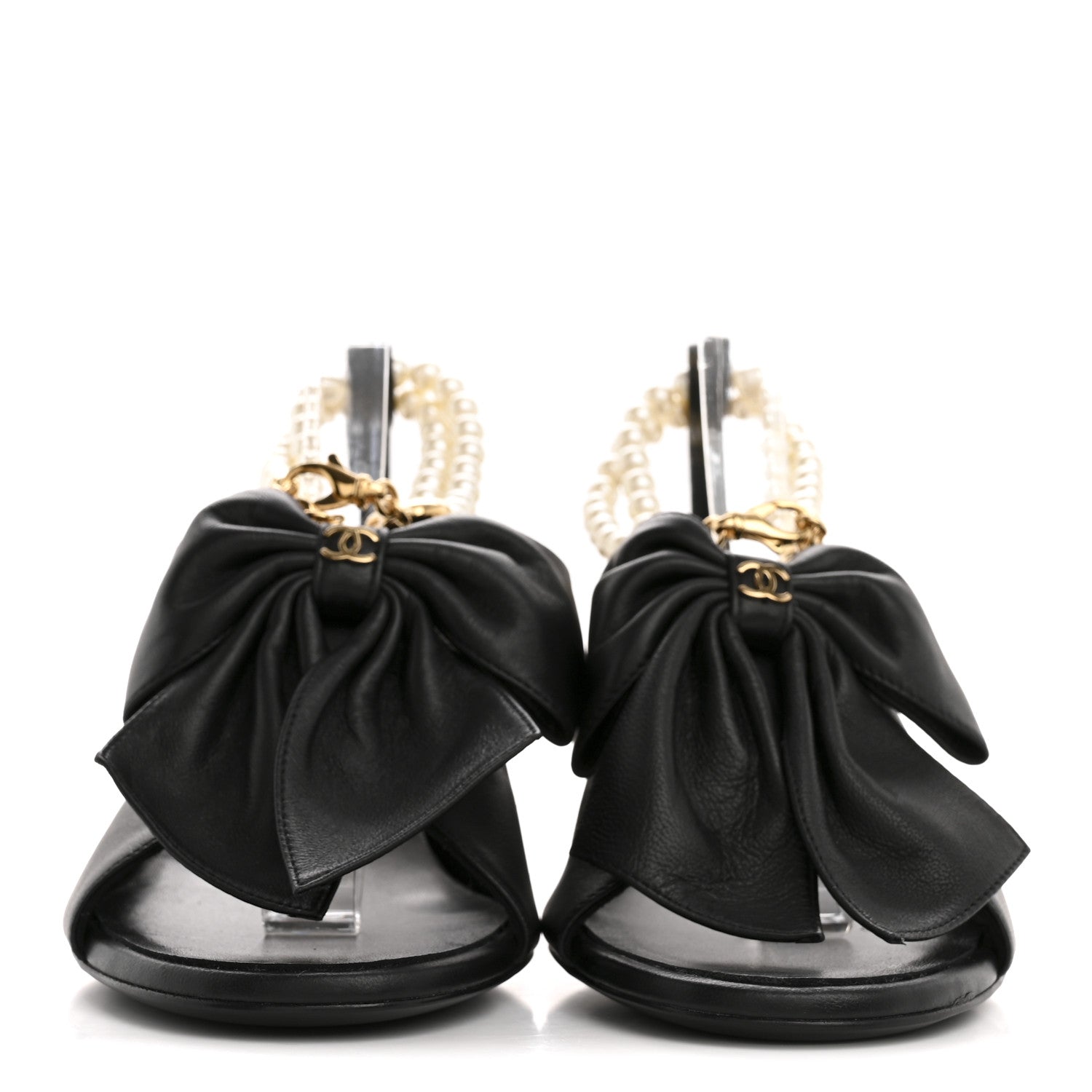 Chanel Lambskin Pearl Bow CC Ankle Strap Sandals 37 Black 3 of 10