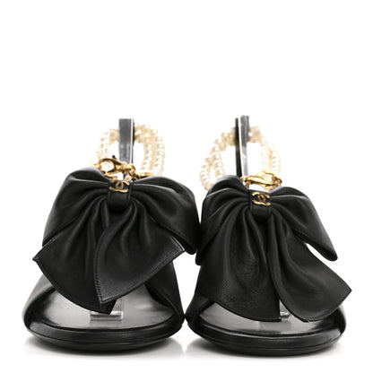 Chanel Lambskin Pearl Bow CC Ankle Strap Sandals 37 Black 3 of 10
