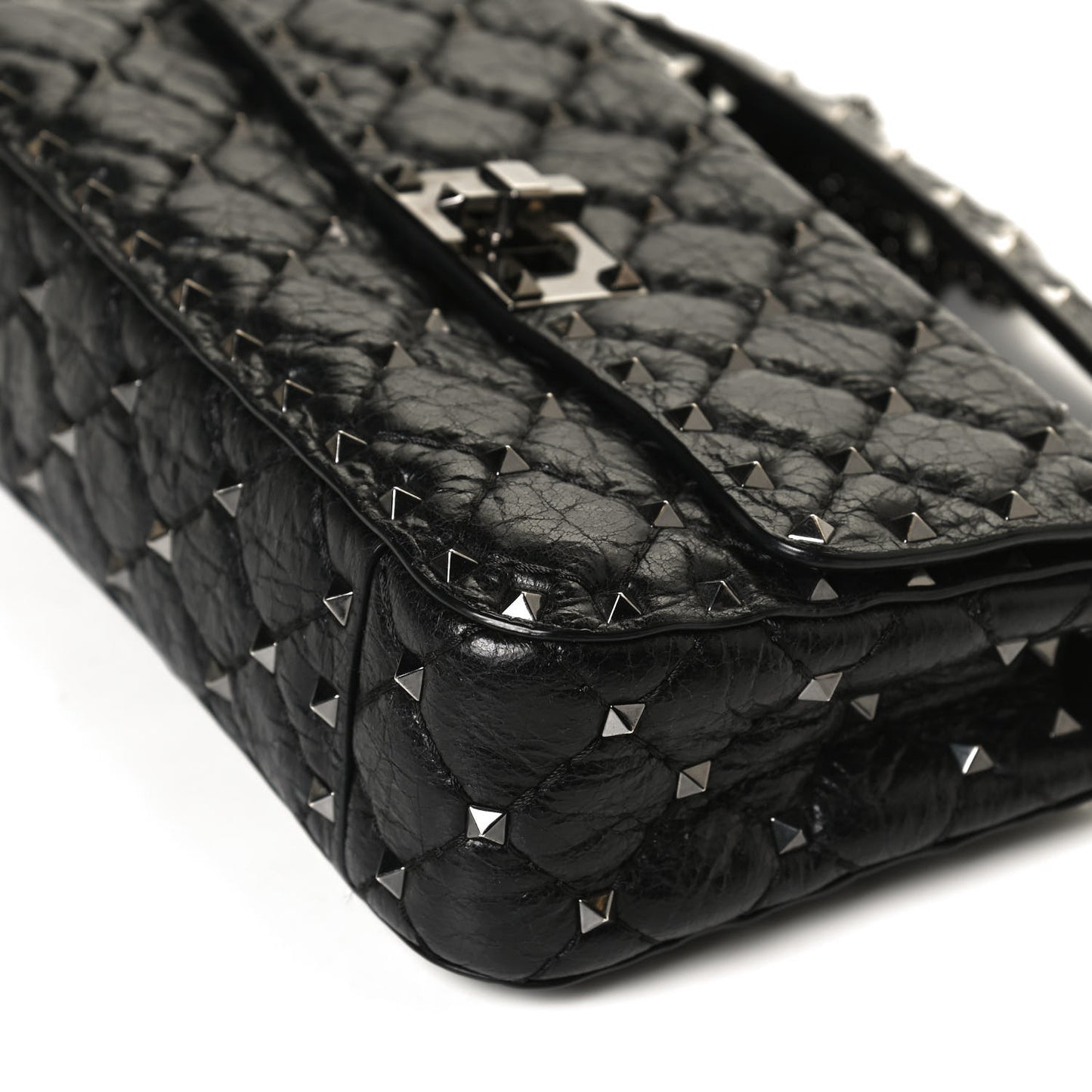 Craquele Nappa Small Rockstud Spike Shoulder Bag Black