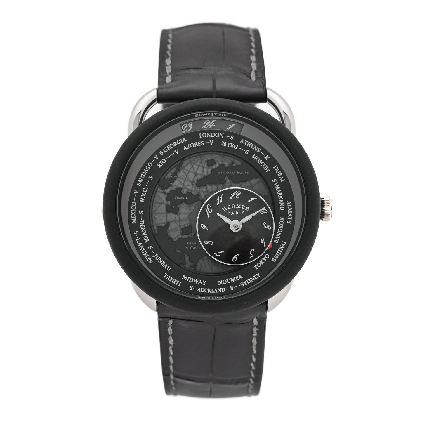 Platinum Titanium Alligator 43mm Arceau Le Temps Voyageur Automatic Watch Noir
