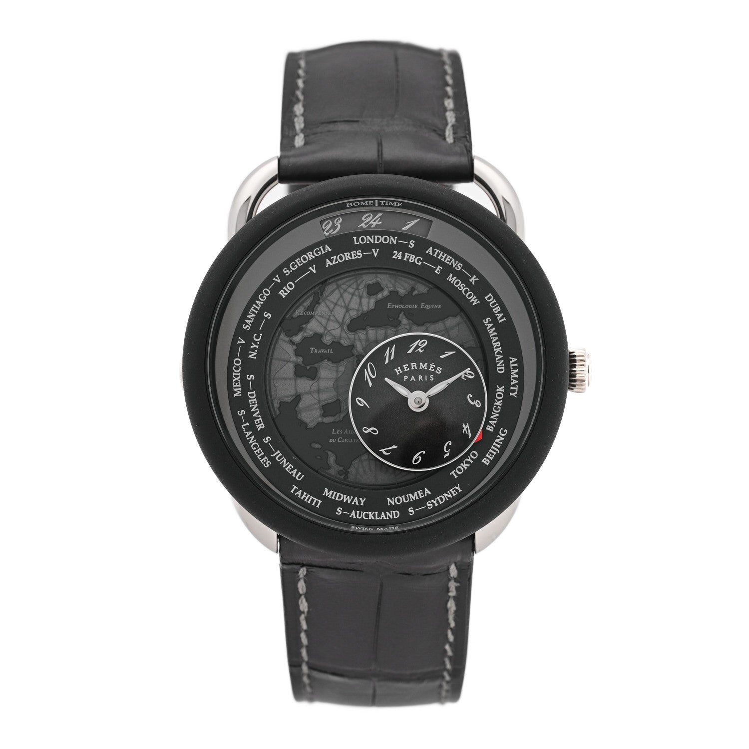 Hermes Platinum Titanium Alligator 43mm Arceau Le Temps Voyageur Automatic Watch Noir 1 of 5