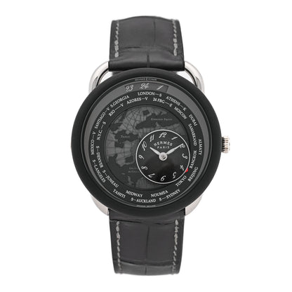 Hermes Platinum Titanium Alligator 43mm Arceau Le Temps Voyageur Automatic Watch Noir 1 of 5