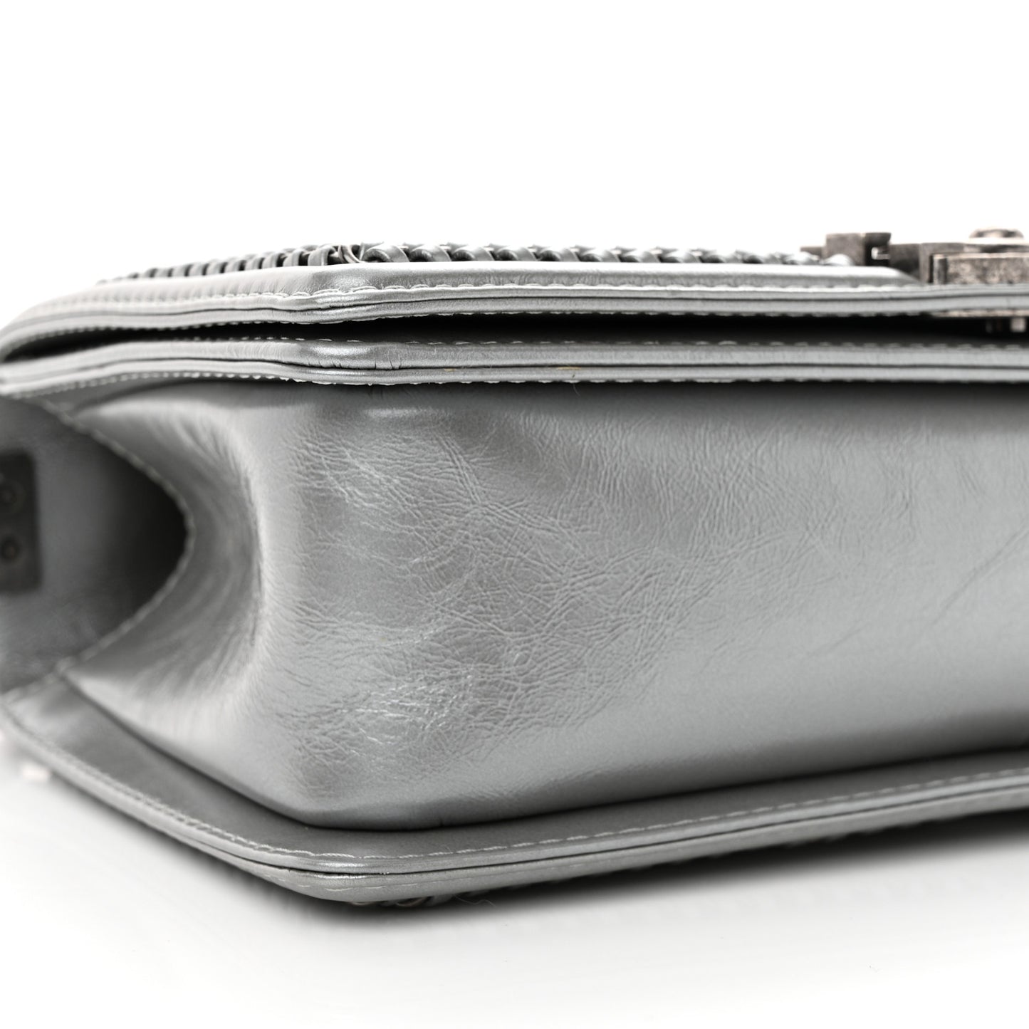 Metallic Aged Calfskin Quilted Medium Top Handle Boy Flap Silver