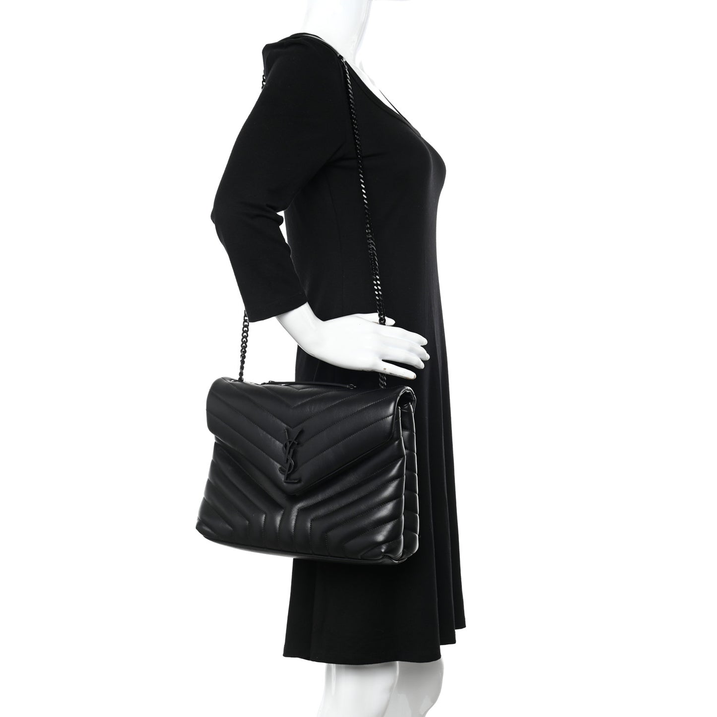 Calfskin Y Quilted Monogram Monochrome Medium Loulou Chain Satchel Black