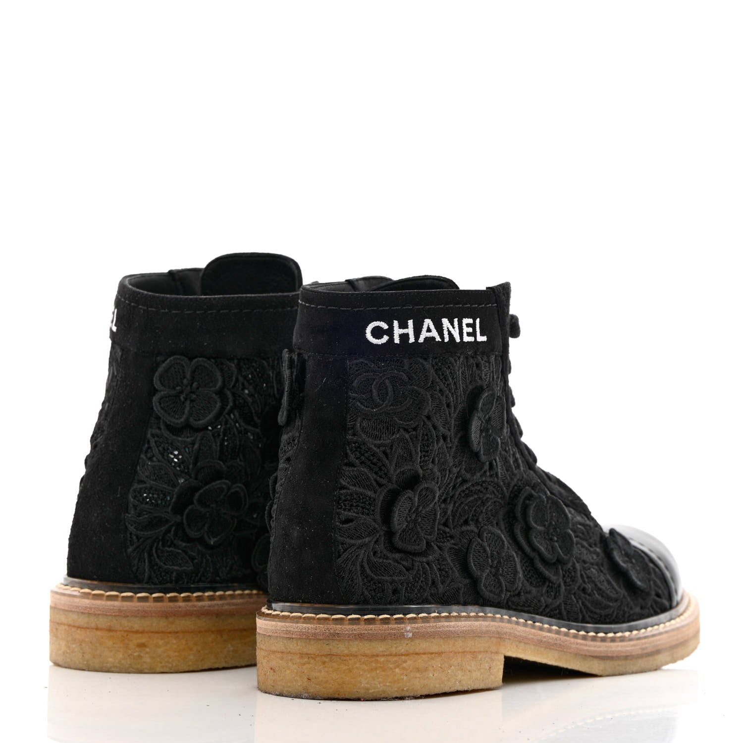 Chanel Embroidered Flower Calfskin Lace Up Boots 38.5 Black 4 of 13