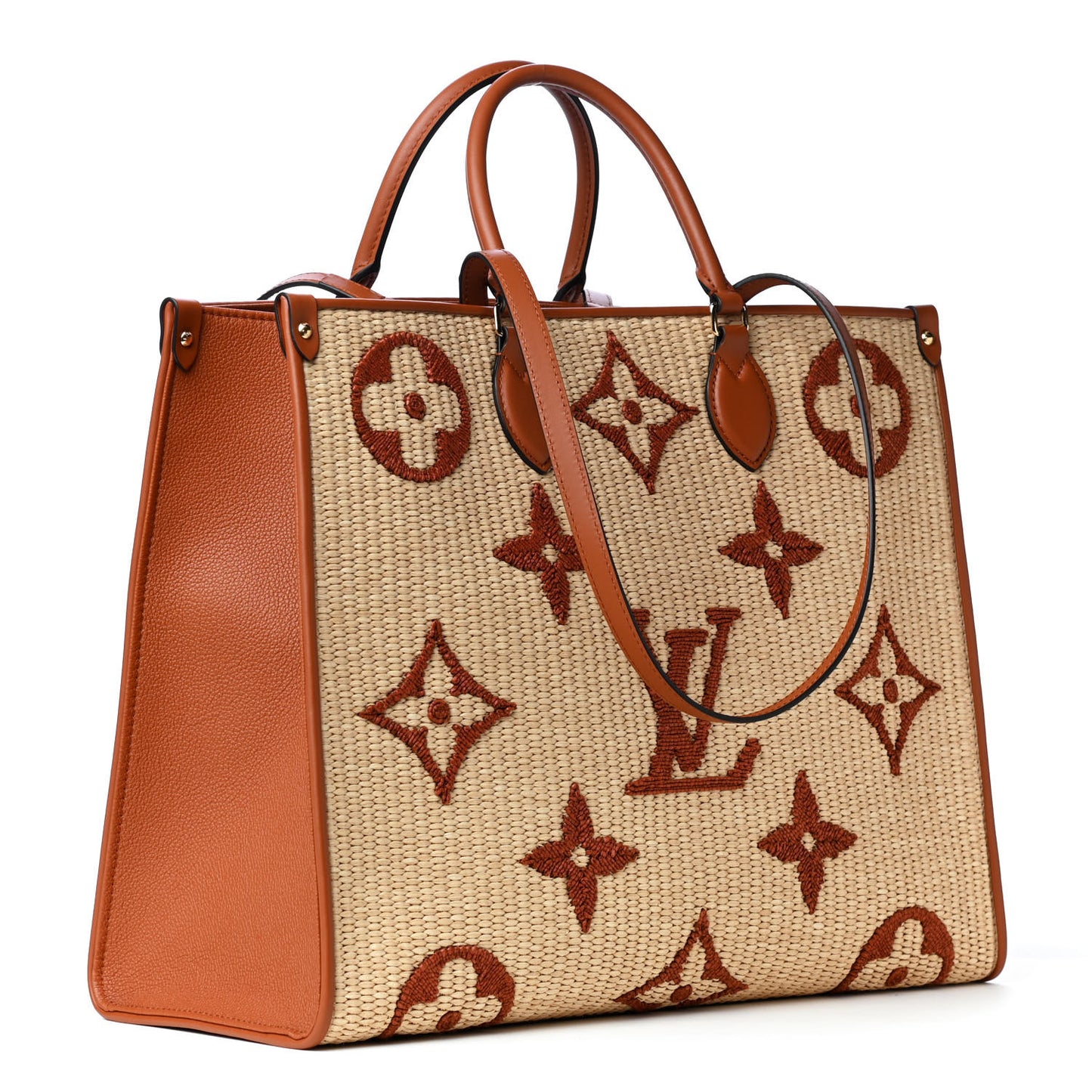 Raffia Calfskin Monogram Giant Onthego MM Tan