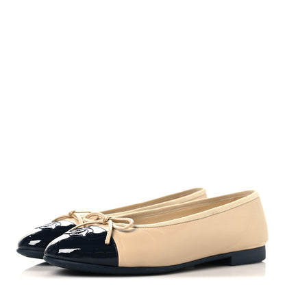 Chanel Goatskin Patent Calfskin Cap Toe CC Ballerina Flats 36 Light Beige Navy Blue 4 of 9