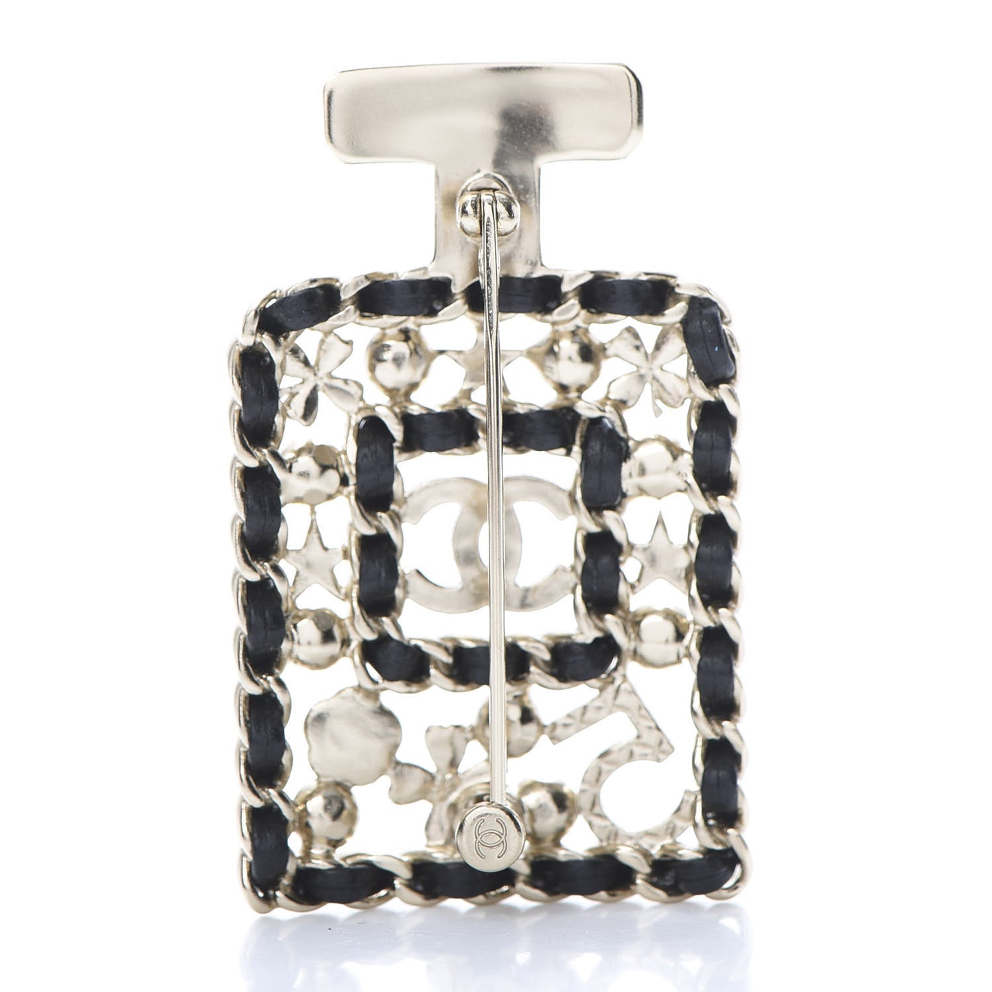 Lambskin Pearl Quilted Chain CC Perfume Bottle Brooch Gold