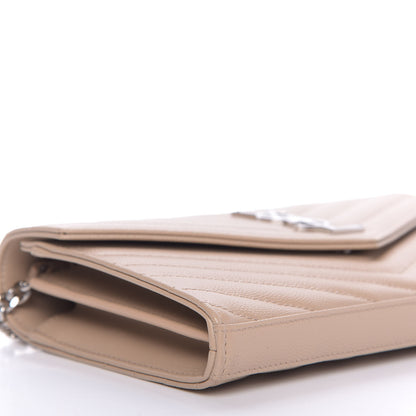 Saint Laurent Grain De Poudre Matelasse Chevron Monogram Chain Wallet Dark Beige 6 of 9