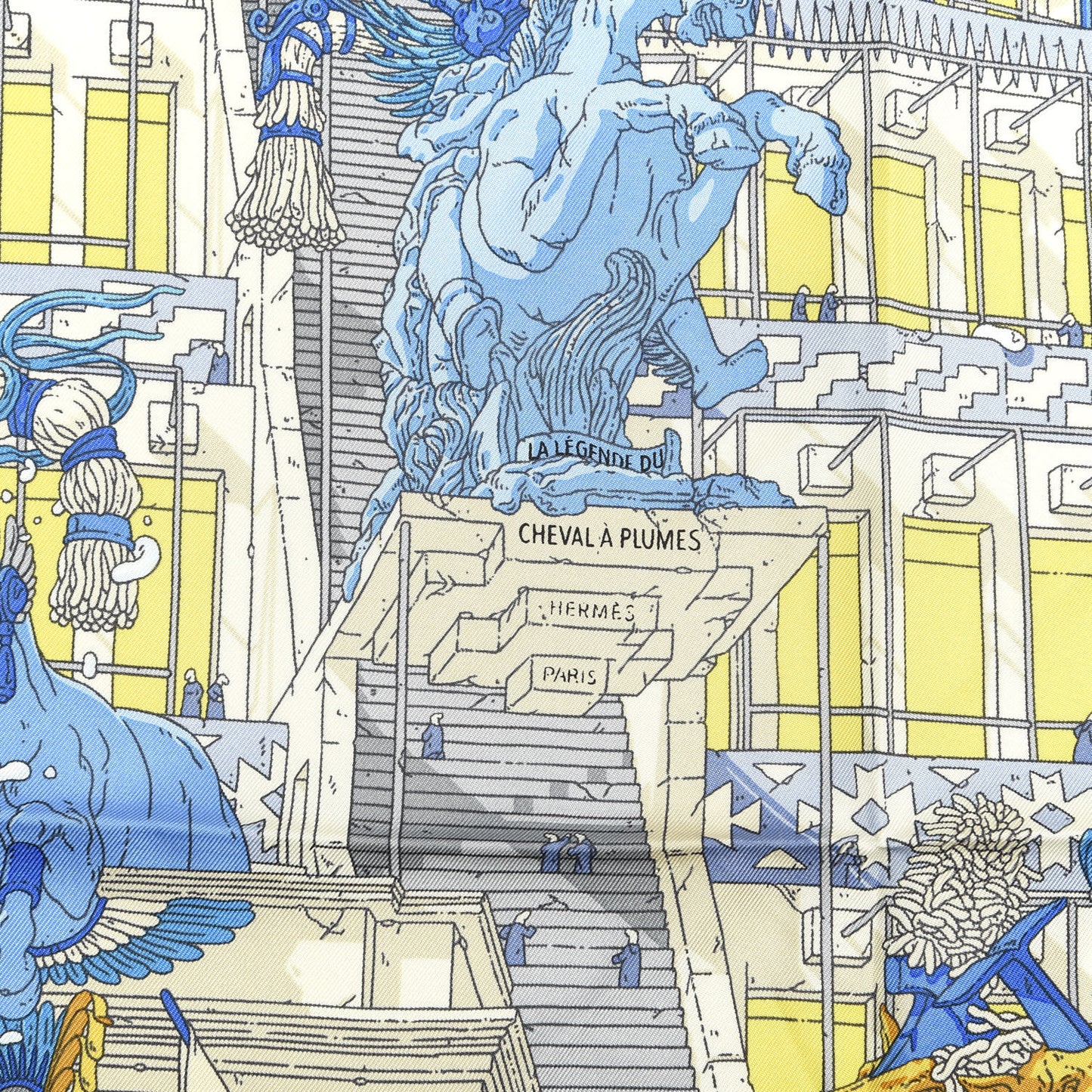Silk La Legende Du Cheval A Plumes Scarf 90 Bleu Jaune Gold