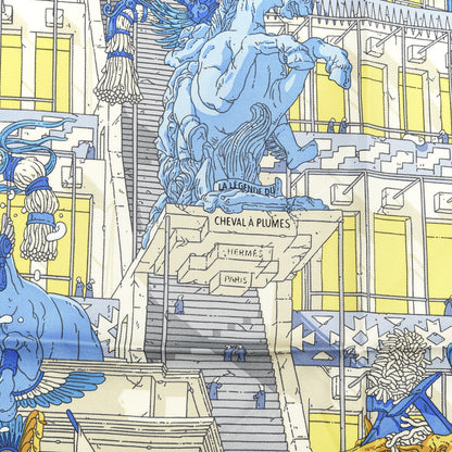 Hermes Silk La Legende Du Cheval A Plumes Scarf 90 Bleu Jaune Gold 2 of 4