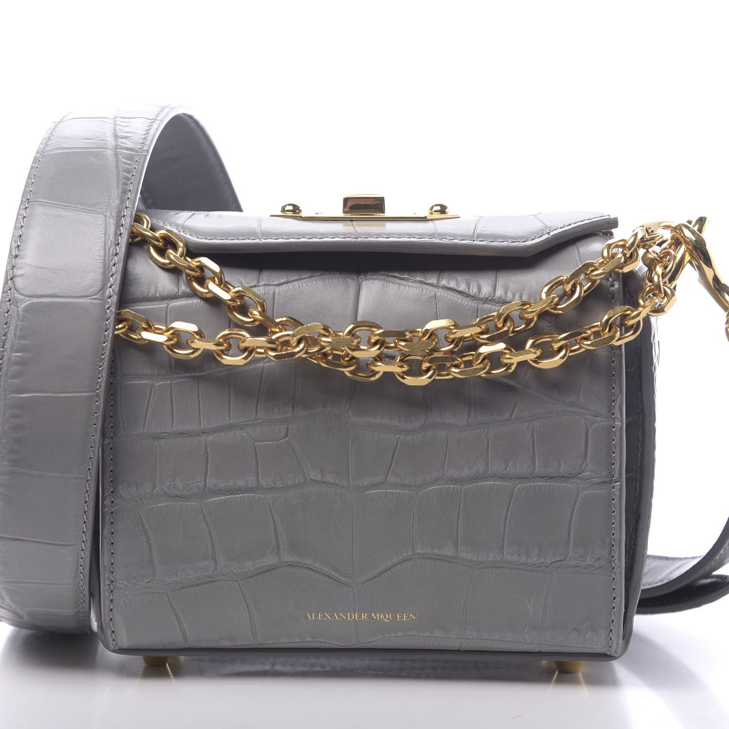 Calfskin Crocodile Embossed Box Shoulder Bag 16 Grey