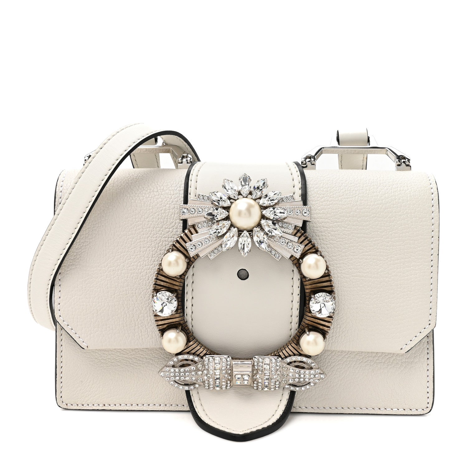 Miu Miu Goatskin Madras Soft Calf Crystal Embellished Shoulder Bag Bianco 1 of 11