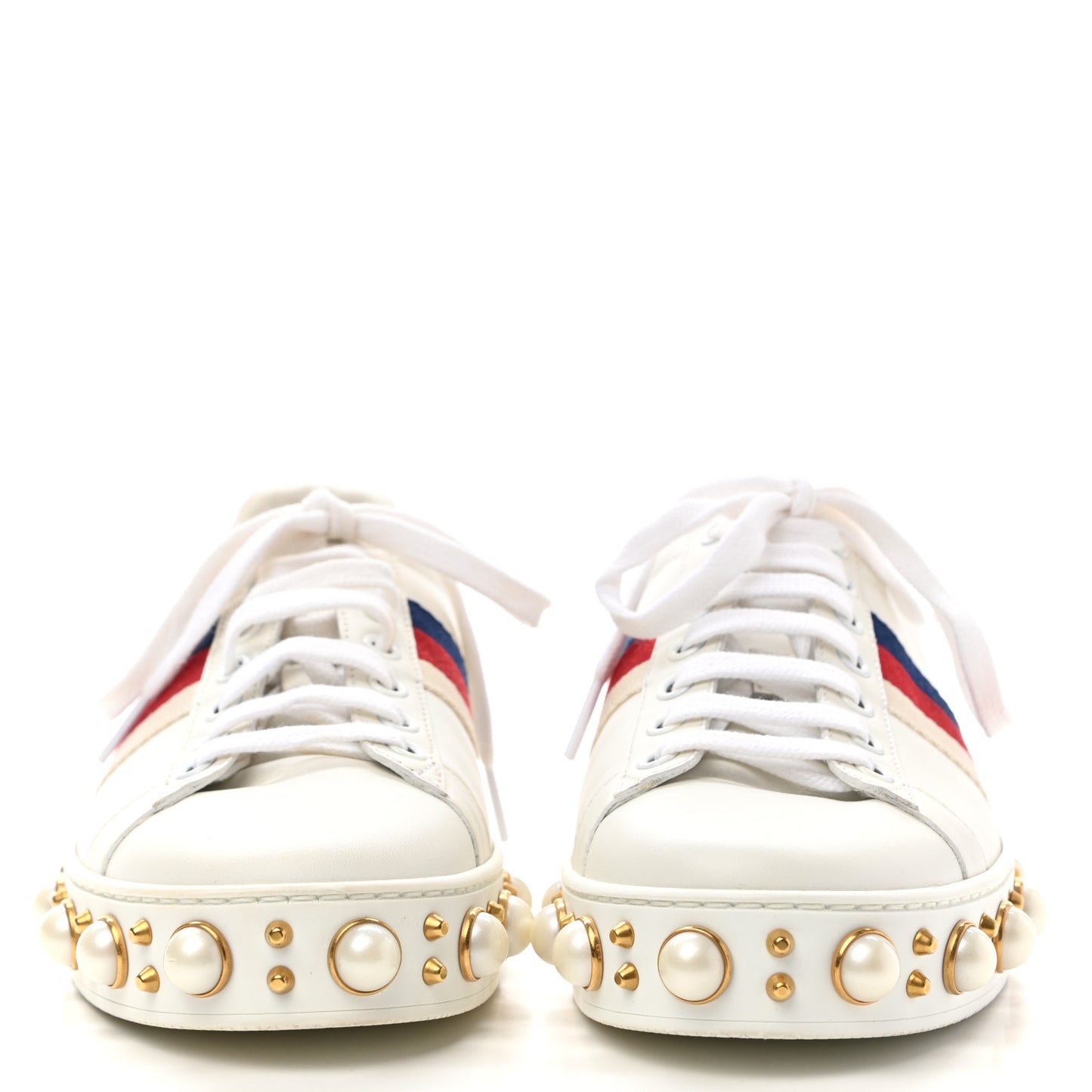 Calfskin Ayers Web Pearl Studded Womens Ace Sneakers 37 White