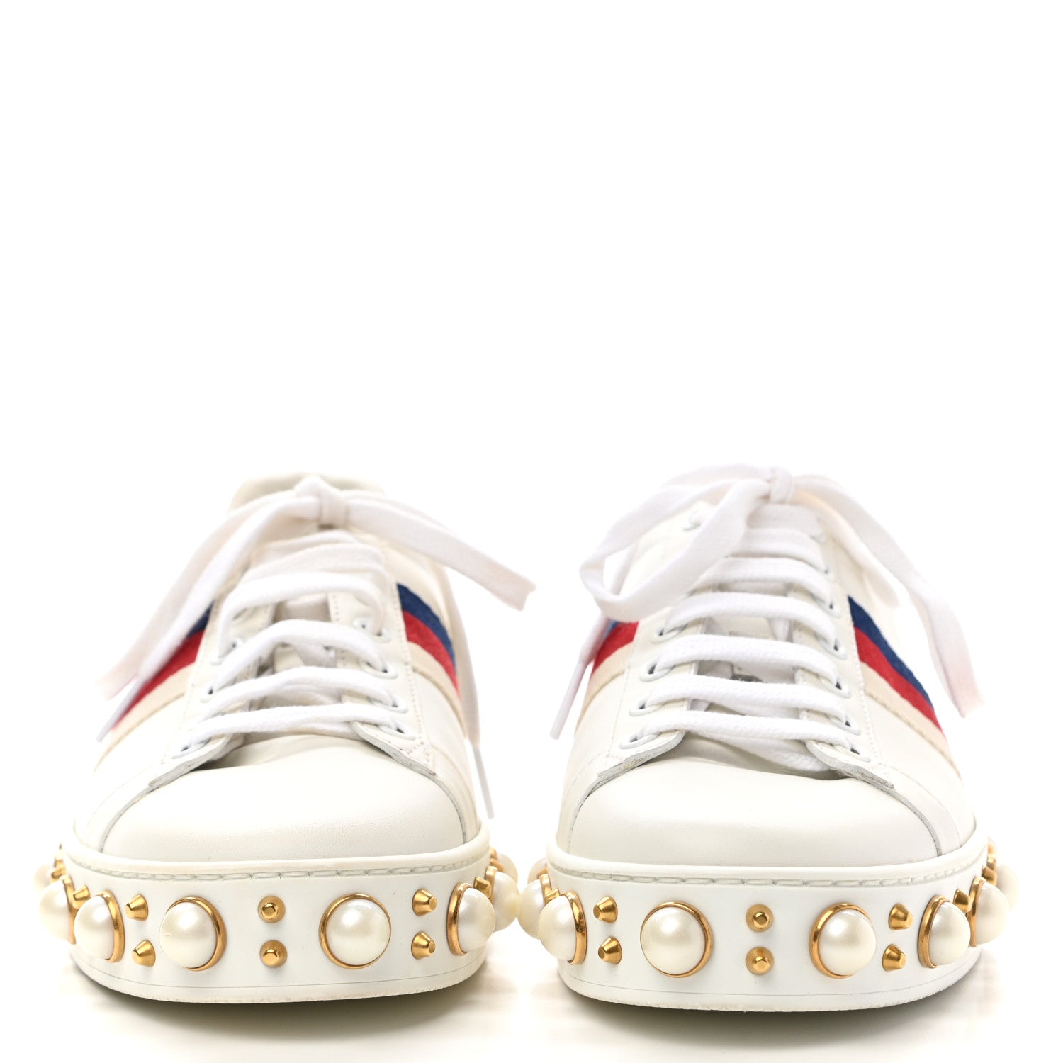 Gucci Calfskin Ayers Web Pearl Studded Womens Ace Sneakers 37 White 2 of 9