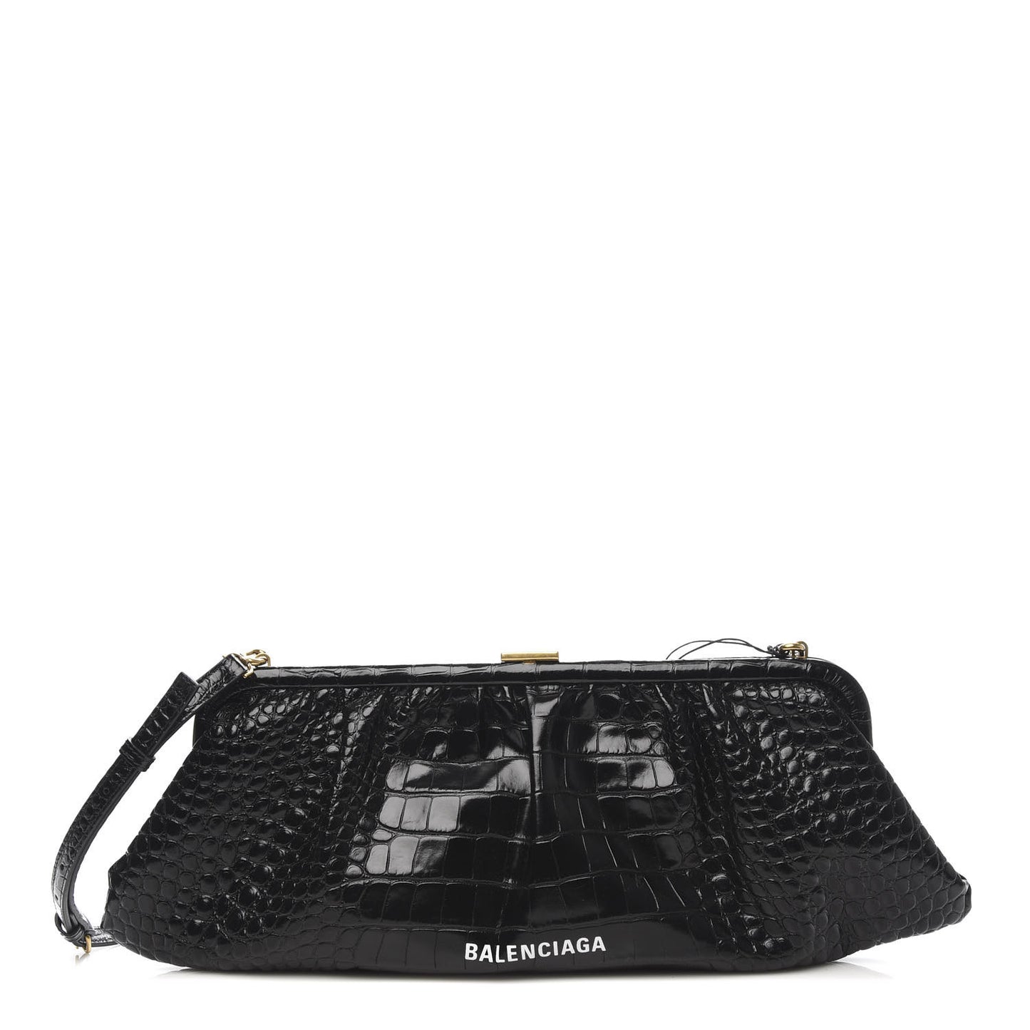 Shiny Supple Calfskin Logo Crocodile Embossed XL Cloud Clutch Black White