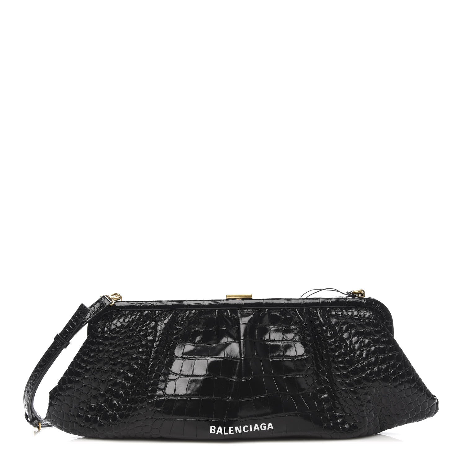 Balenciaga Shiny Supple Calfskin Logo Crocodile Embossed XL Cloud Clutch Black White 1 of 10