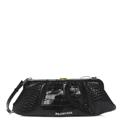 Balenciaga Shiny Supple Calfskin Logo Crocodile Embossed XL Cloud Clutch Black White 1 of 10
