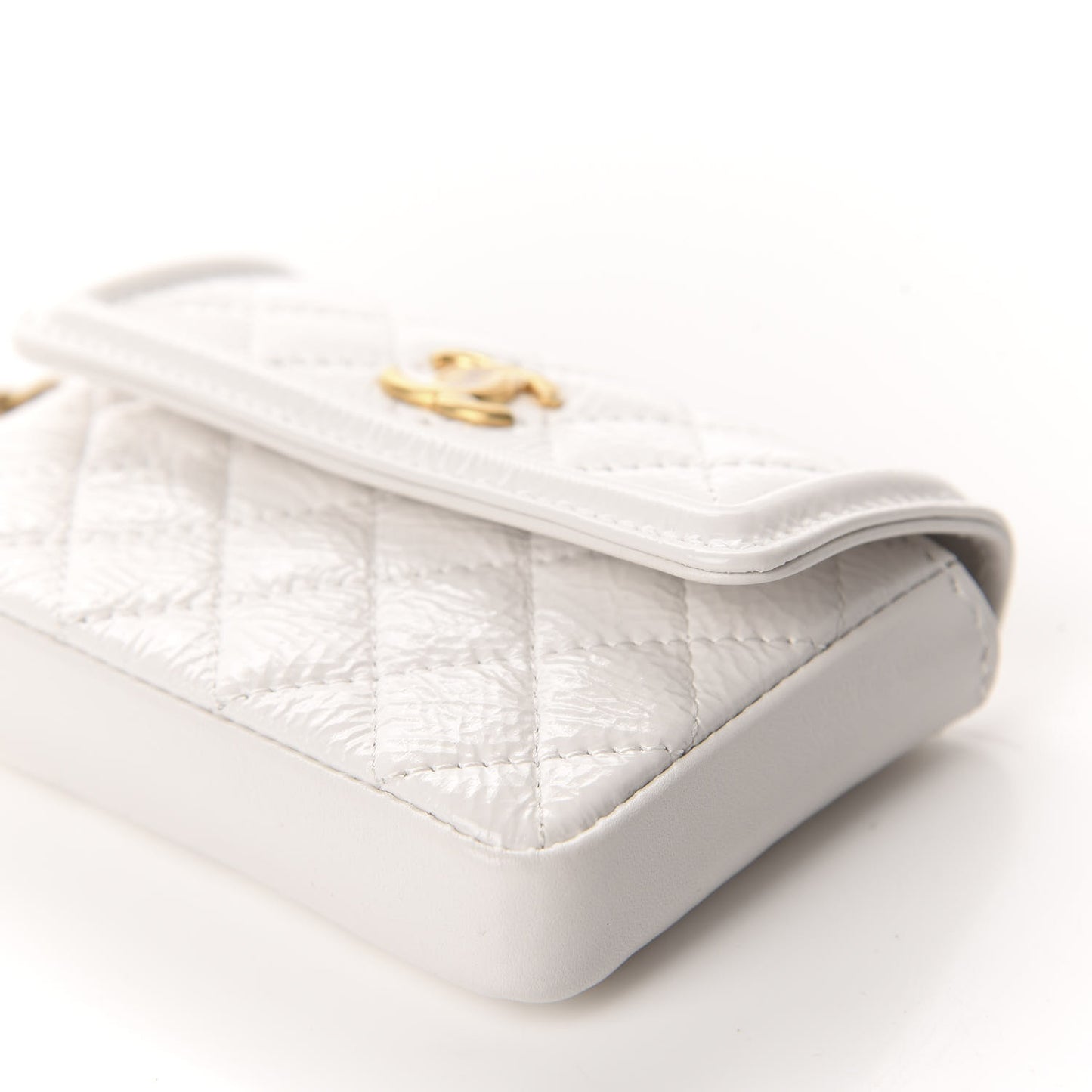 Shiny Aged Calfskin Quilted Waist Belt Bag White