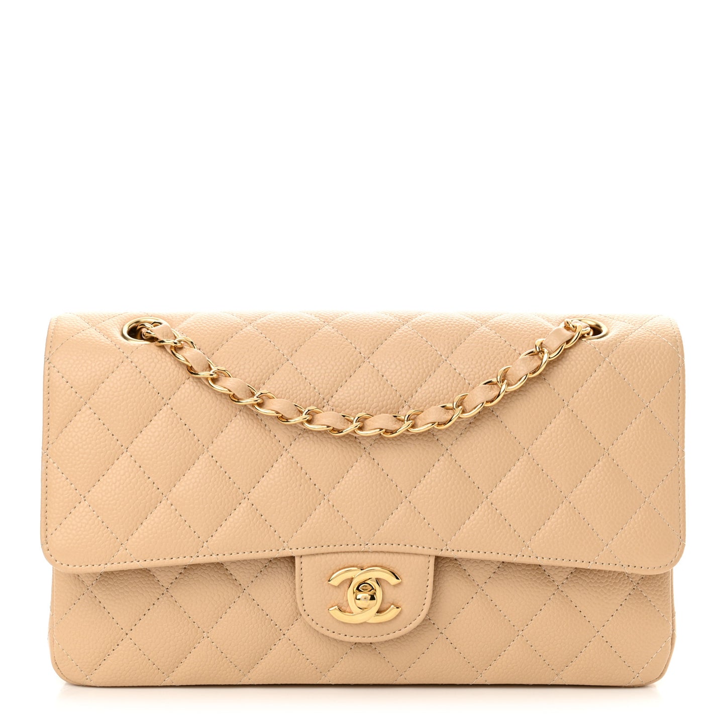 Caviar Quilted Medium Double Flap Beige