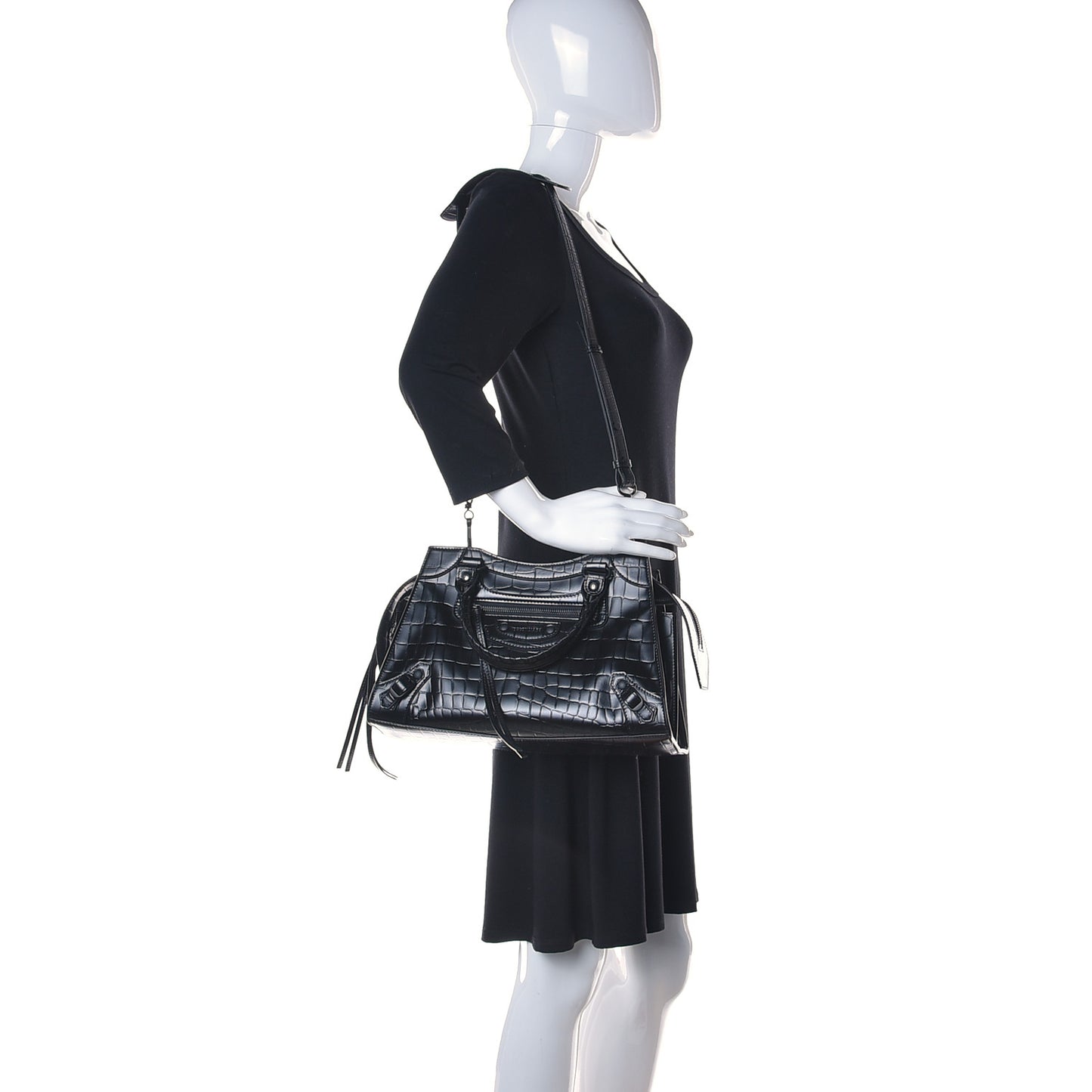 Semi Shiny Calfskin Crocodile Embossed Neo Classic Black Hardware S City Black