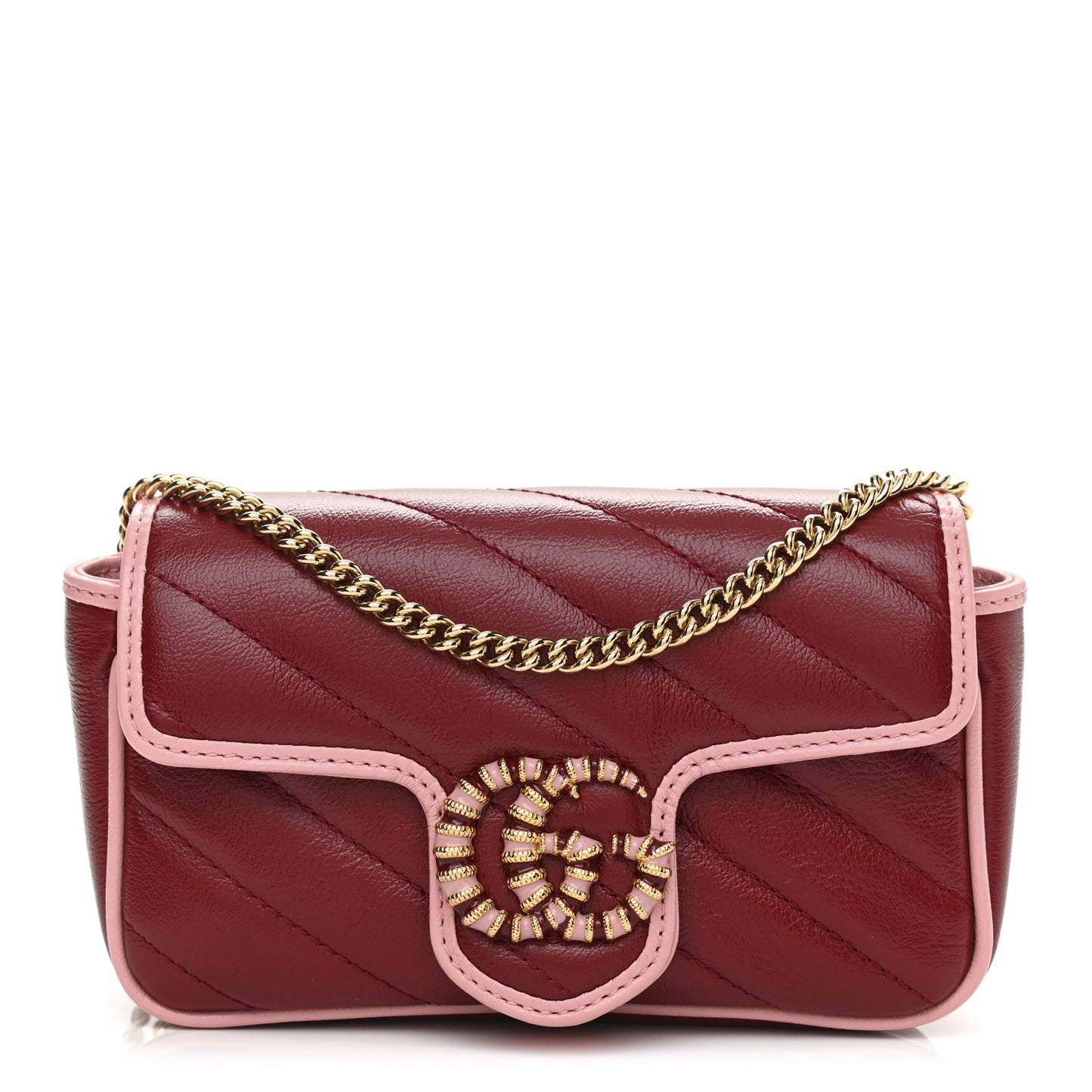 Azalea Calfskin Enamel Matelasse Diagonal Super Mini Torchon GG Marmont Shoulder Bag New Cherry Red Wild Rose