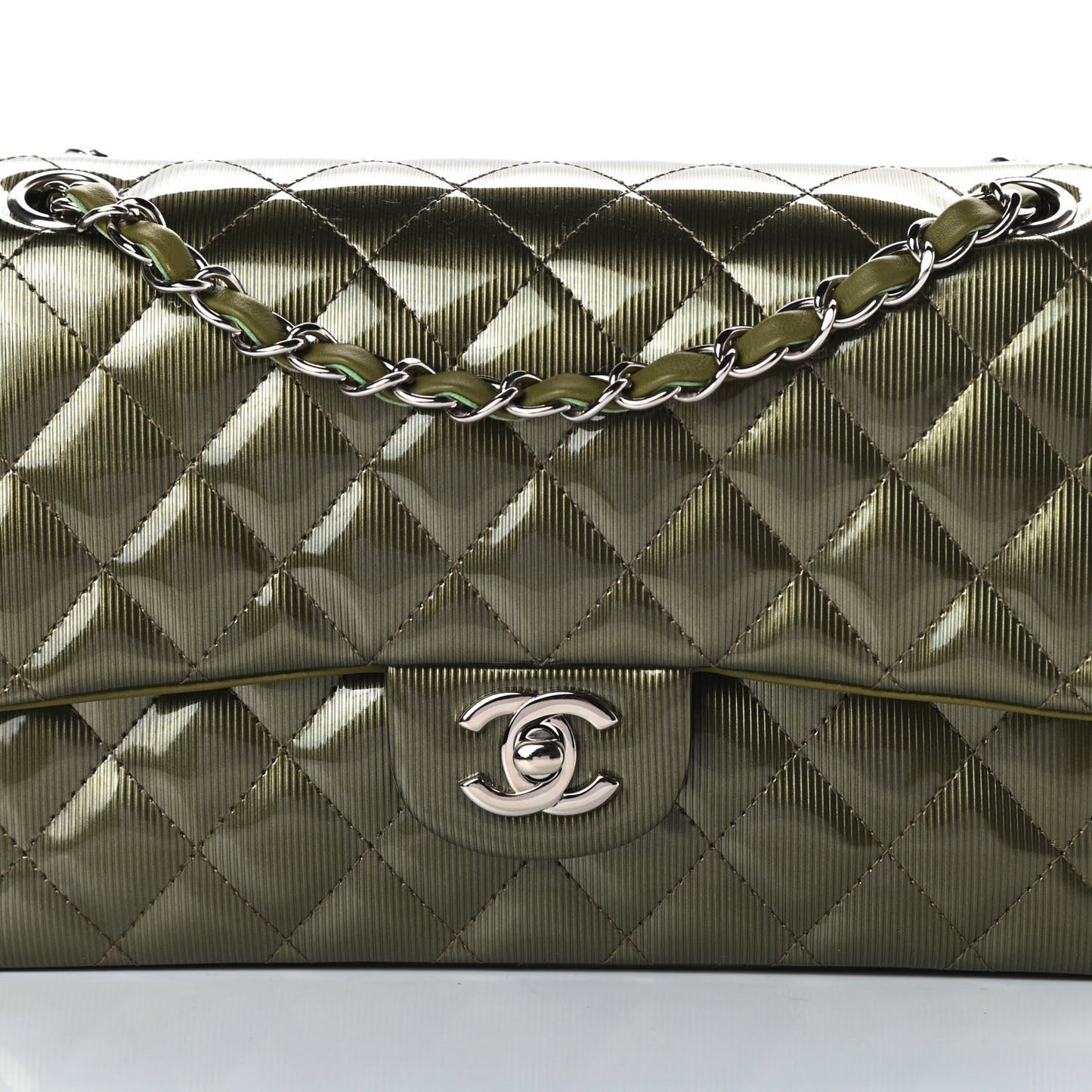 Striated Patent Quilted Medium Double Flap Green