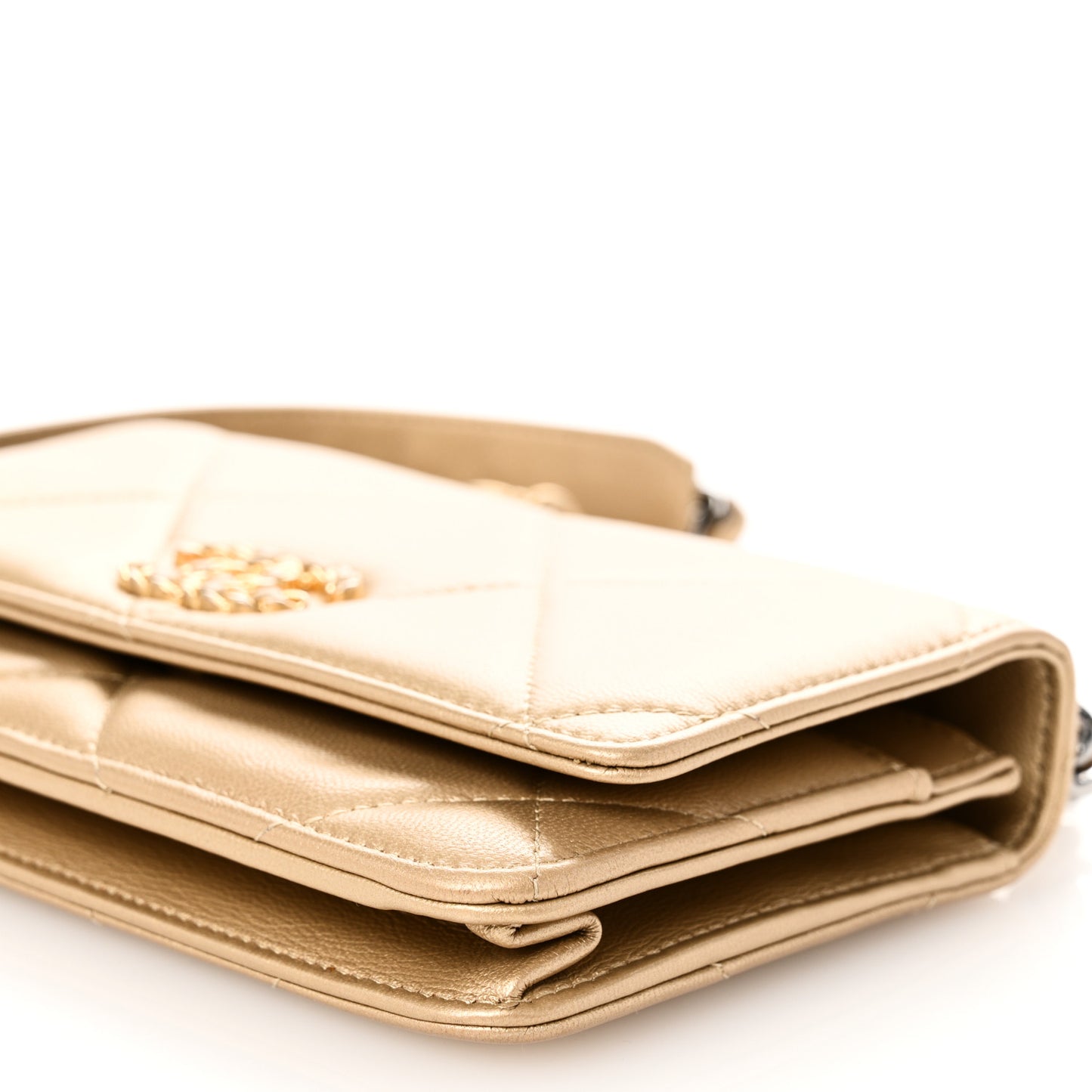 Metallic Goatskin Quilted Chanel 19 Wallet On Chain WOC Gold