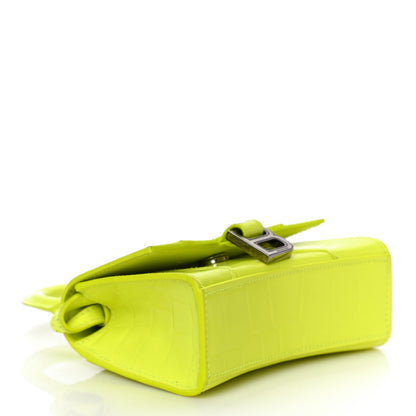 Balenciaga Semi Shiny Calfskin Crocodile Embossed Hourglass Top Handle Bag Mini Fluo Yellow 4 of 18