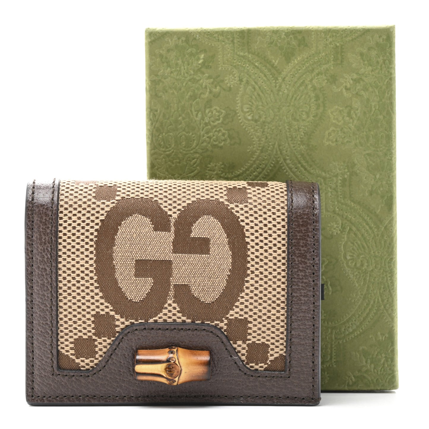 Monogram Jumbo GG Textured Dollar Calfskin Diana Card Case Wallet Camel Ebony New Acero