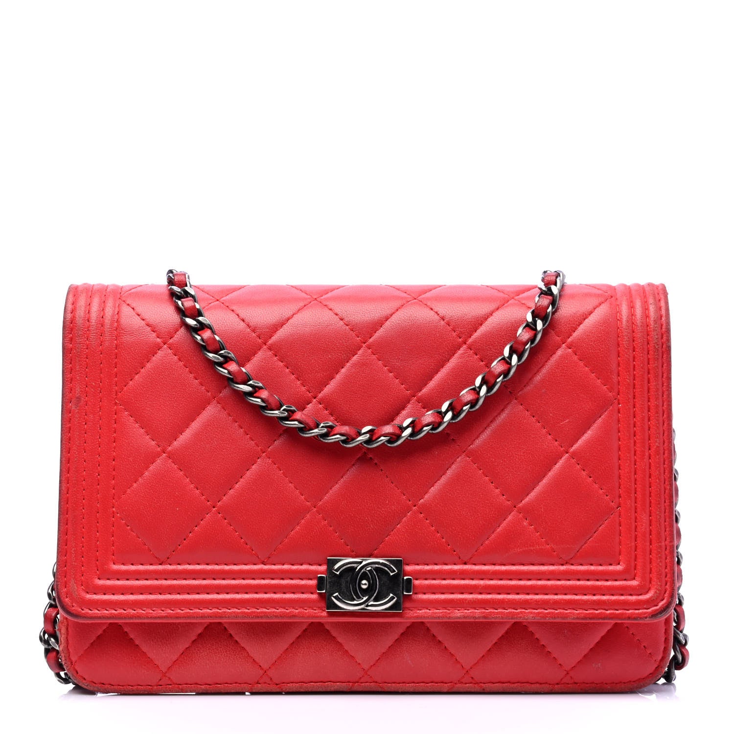 Chanel Lambskin Quilted Boy Wallet On Chain WOC Red 1 of 6