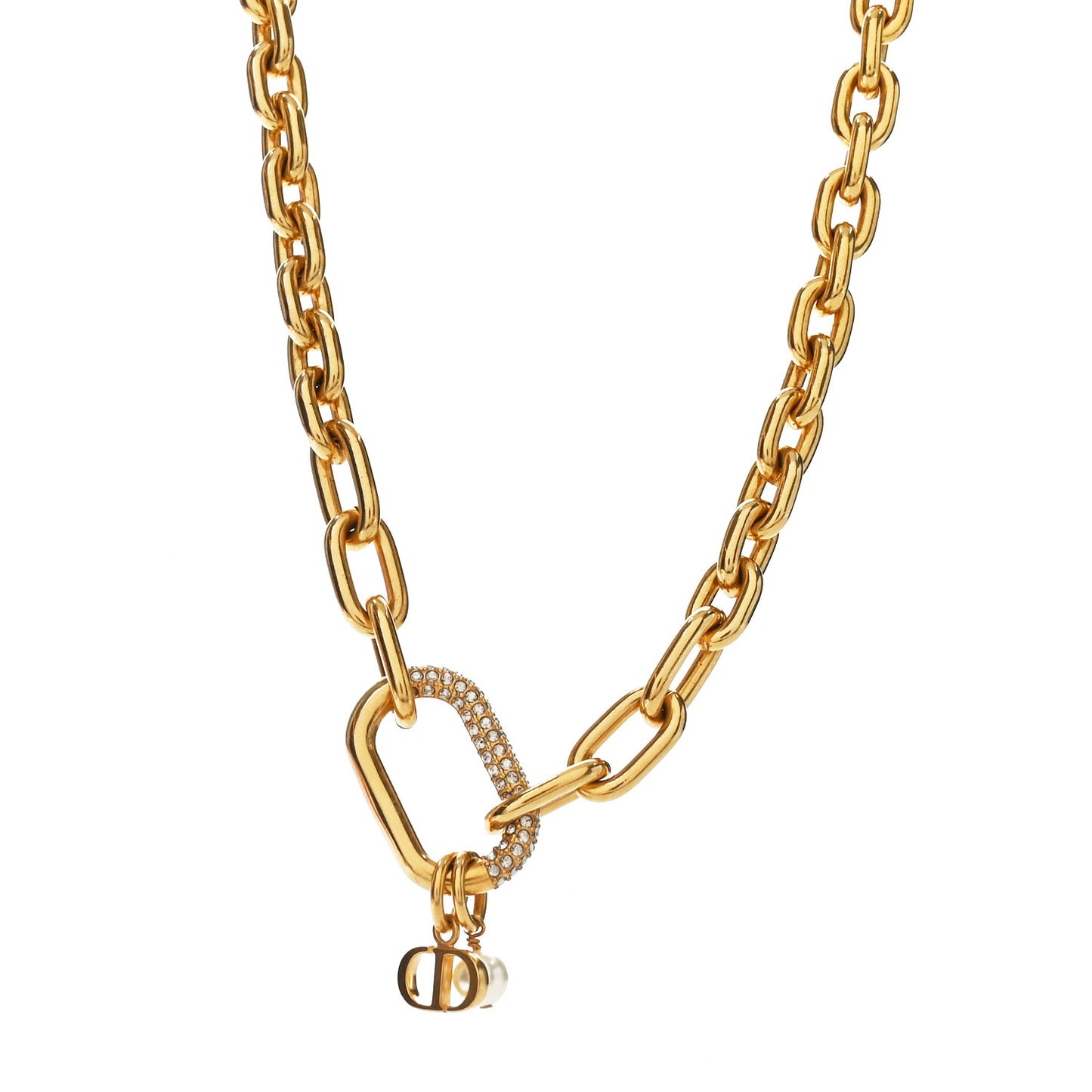 Crystal Pearl CD Chain Necklace Gold