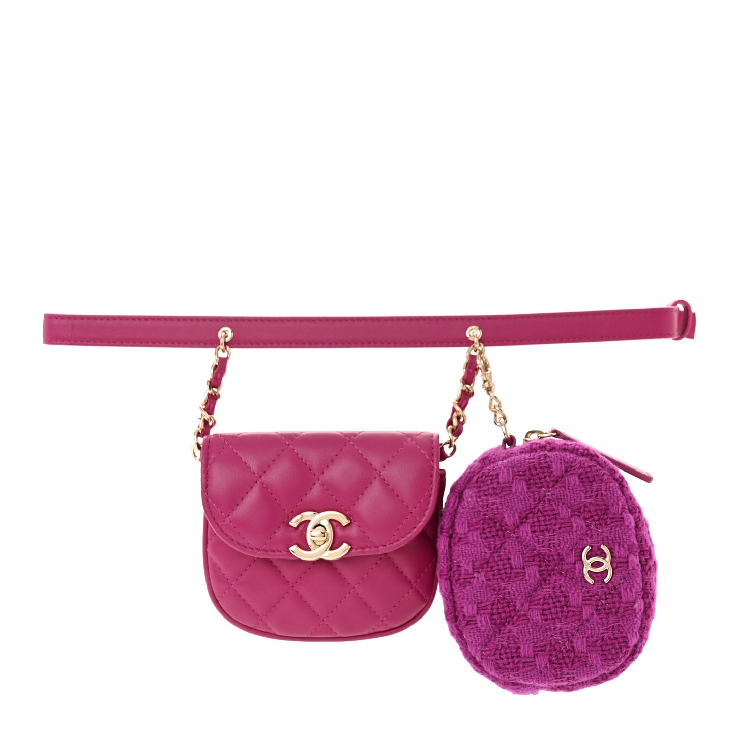 Tweed Lambskin Quilted Waist Bag With Coin Purse Fuchsia