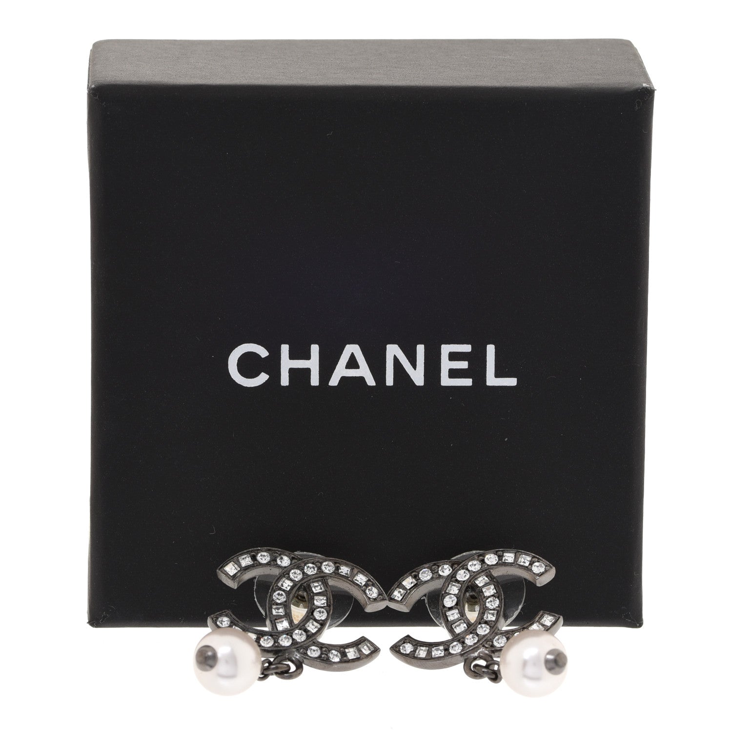 Chanel Ruthenium Crystal Pearl CC Drop Earrings 5 of 5