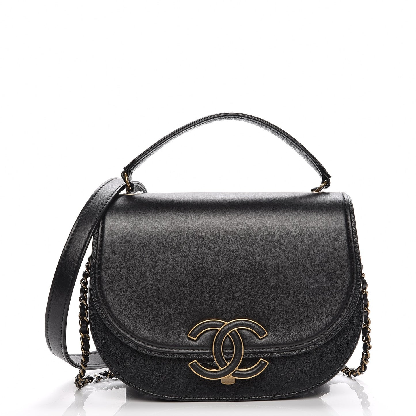 Shiny Calfskin Goatskin Quilted Small Coco Curve Messenger Flap Black