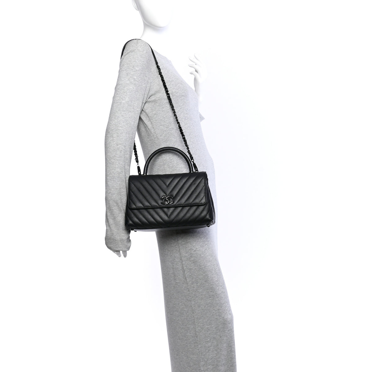 Caviar Chevron Quilted Small Coco Handle Flap So Black