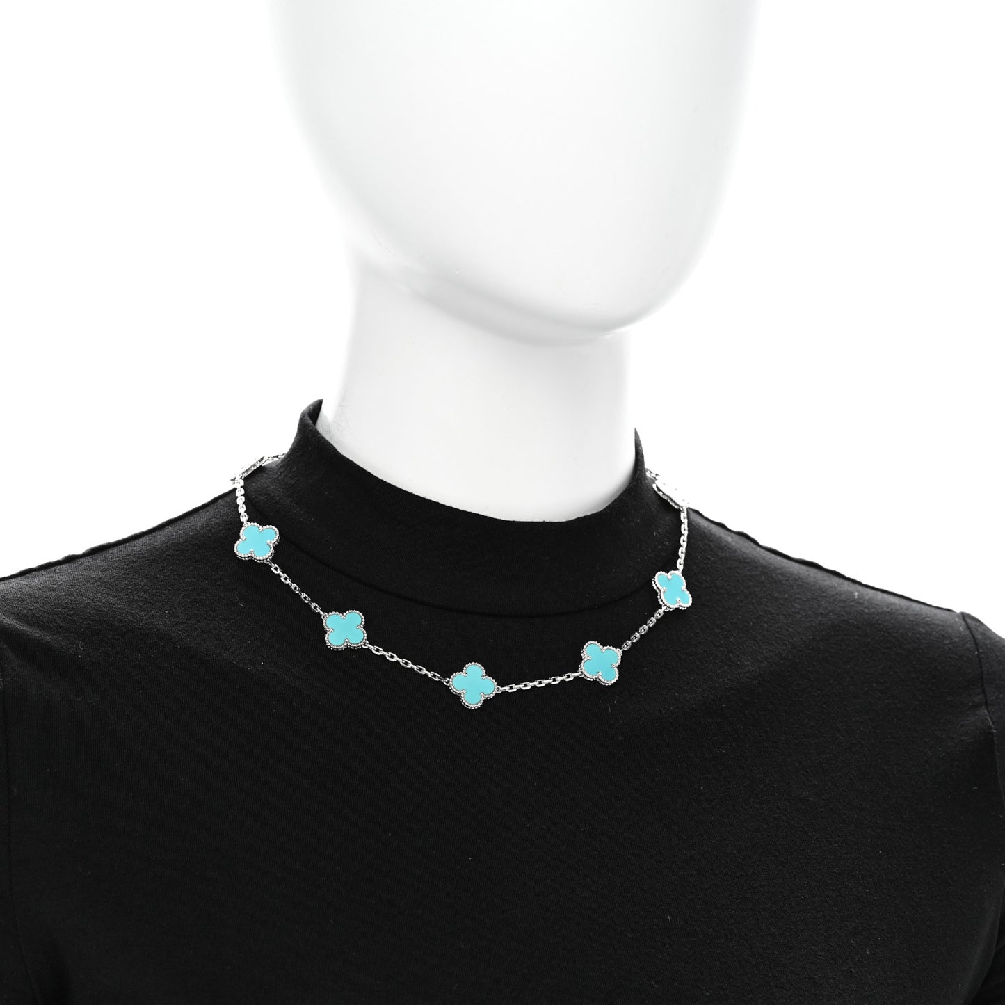 18K White Gold Turquoise 10 Motifs Vintage Alhambra Necklace