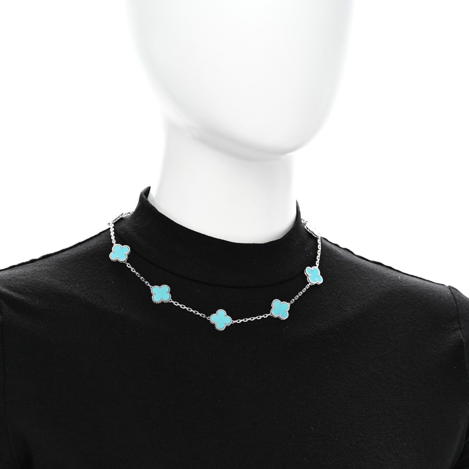 Van Cleef & Arpels 18K White Gold Turquoise 10 Motifs Vintage Alhambra Necklace 2 of 6