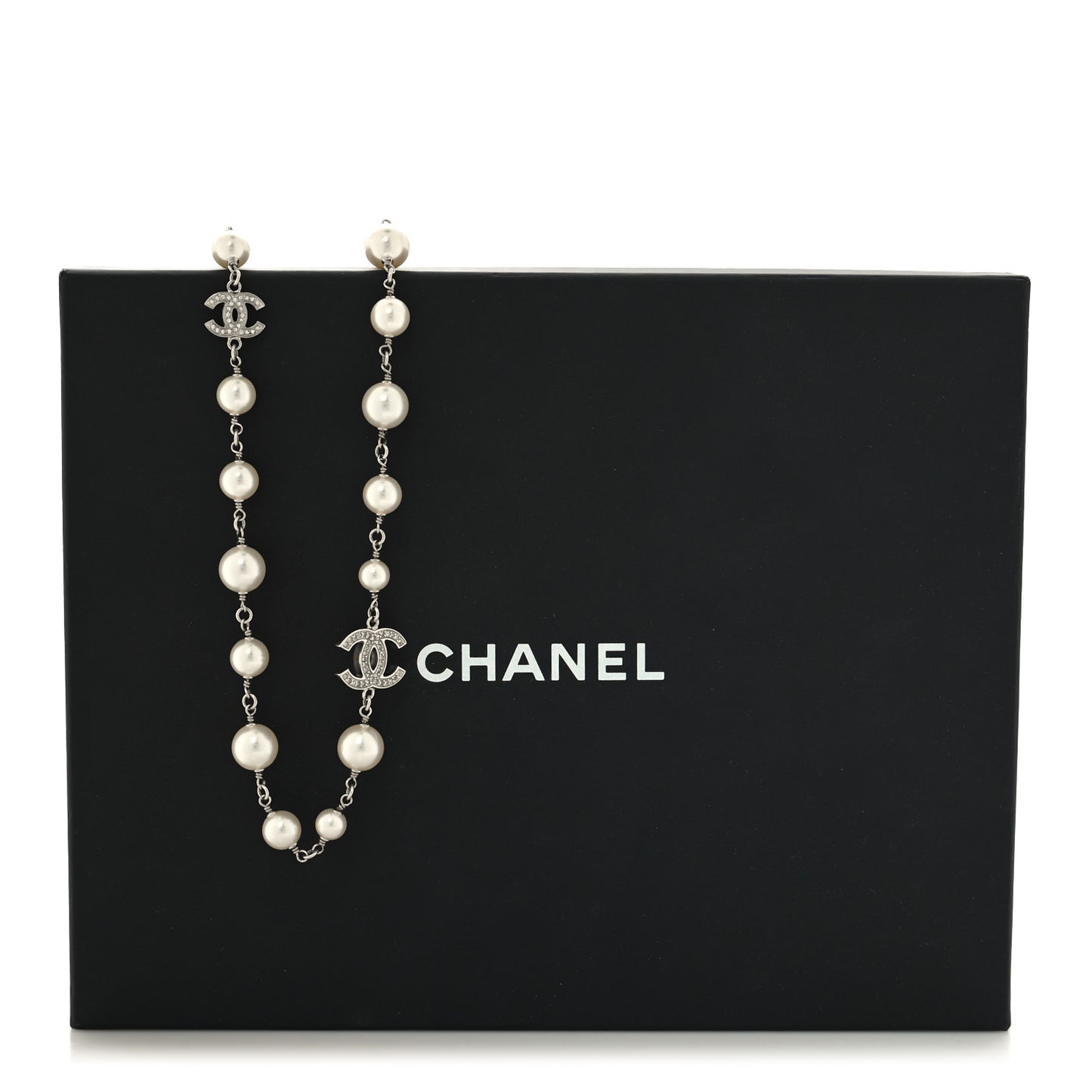 Graduated Pearl Crystal CC Long Necklace Silver