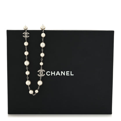 Chanel Graduated Pearl Crystal CC Long Necklace Silver 6 of 6