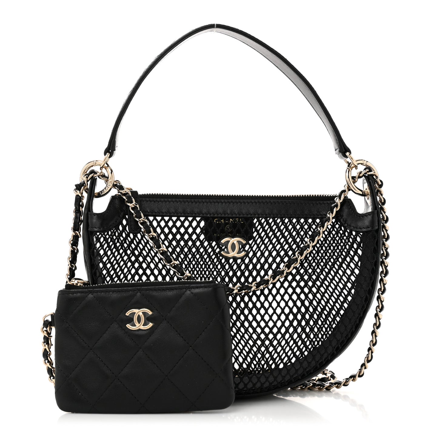 Mesh Shiny Lambskin Chain Hobo Black