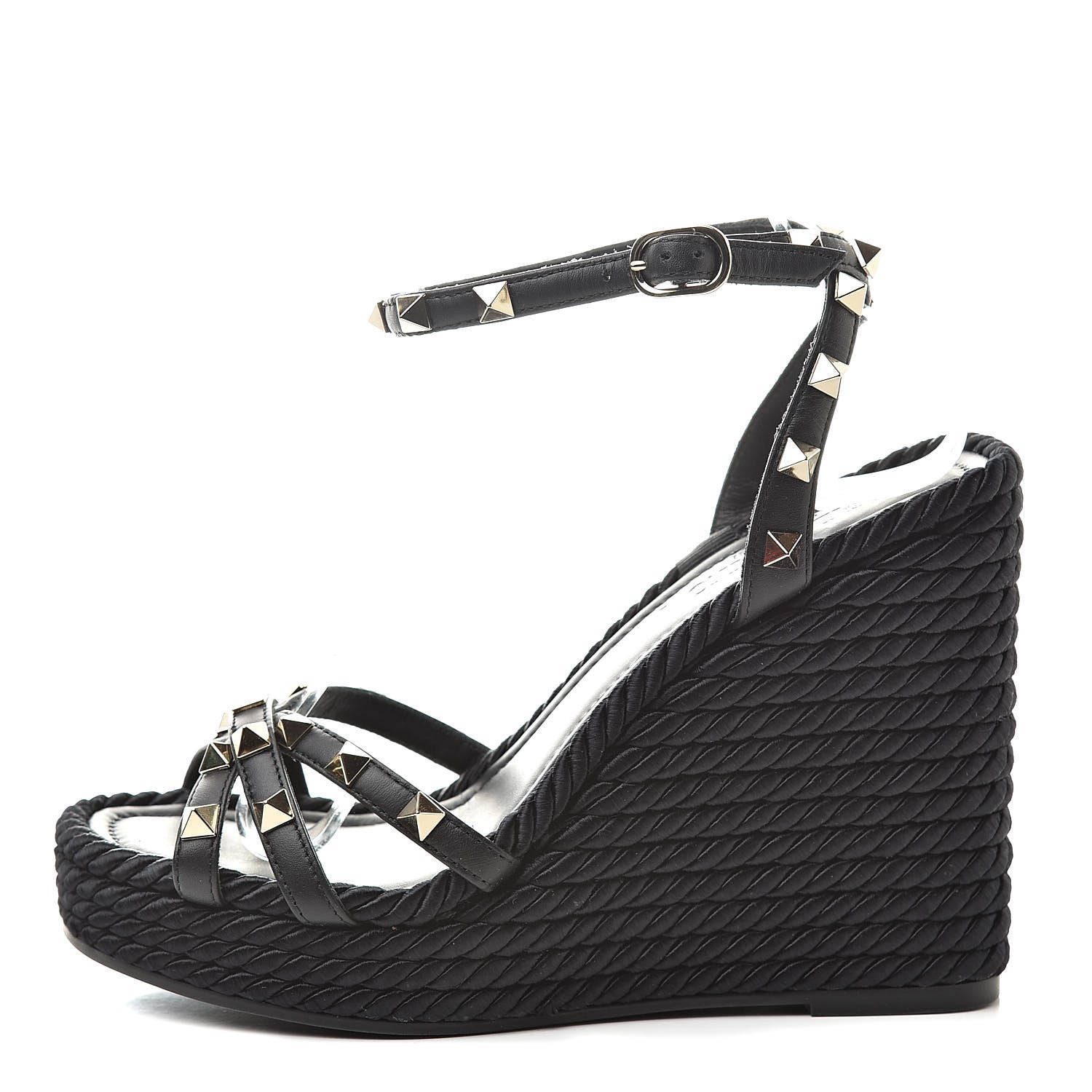 Valentino Garavani Calfskin Rockstud Ankle Strap Torchon Espadrille 25/95mm Wedge Sandals 36 Black 1 of 10