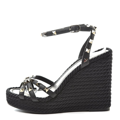 Valentino Garavani Calfskin Rockstud Ankle Strap Torchon Espadrille 25/95mm Wedge Sandals 36 Black 1 of 10