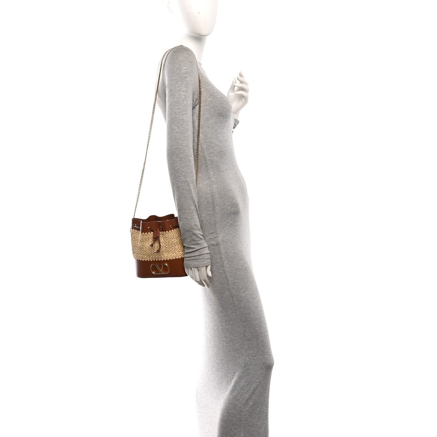 Raffia Crochet Nappa Mini Vlogo Bucket Bag Natural Brown