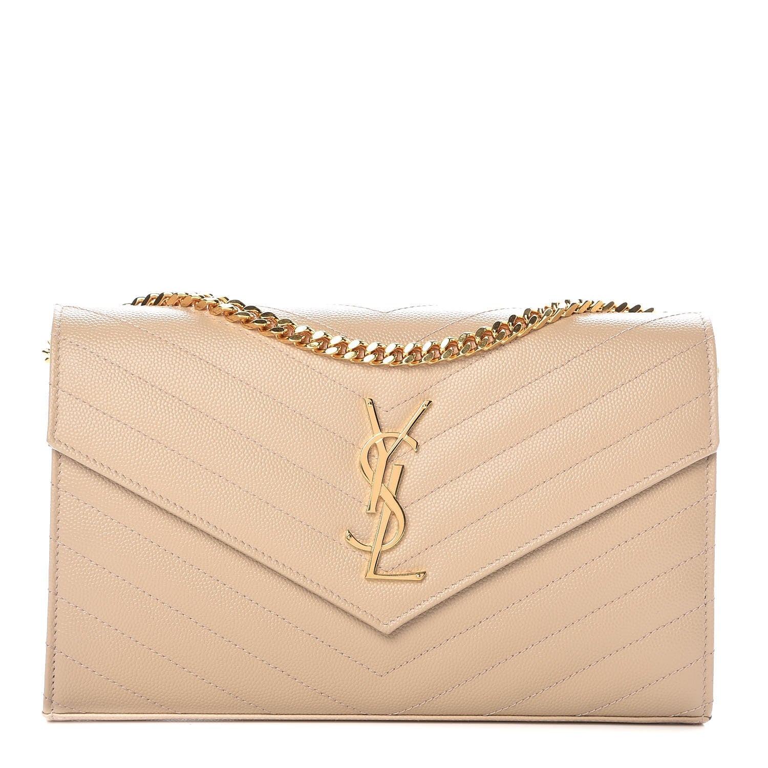 Saint Laurent Grain De Poudre Matelasse Chevron Monogram Chain Wallet Deep Beige 1 of 9