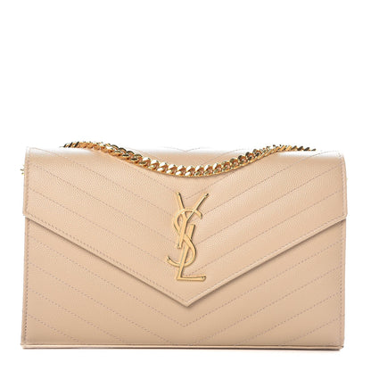 Saint Laurent Grain De Poudre Matelasse Chevron Monogram Chain Wallet Deep Beige 1 of 9