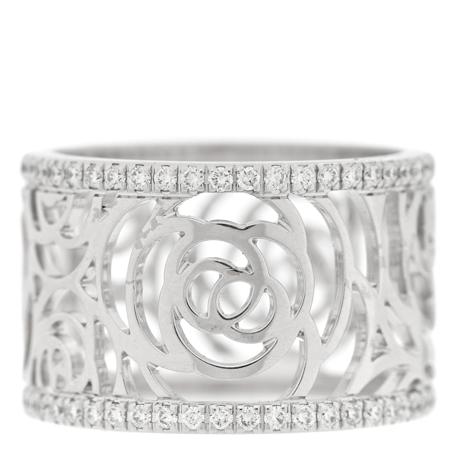 Chanel 18K White Gold Diamond Camellia Ajoure Band Ring 50 5.5 3 of 5